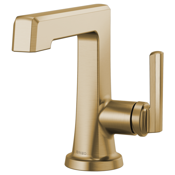 Brushed gold single-handle bathroom faucet with curved spout and cylindrical lever handle on round base.