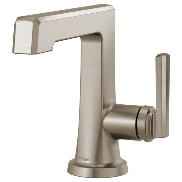 Brushed nickel single-handle lavatory faucet with angular spout and cylindrical lever handle on round base.