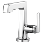 Chrome single-handle bathroom faucet with curved spout and tall rectangular lever handle on round base.