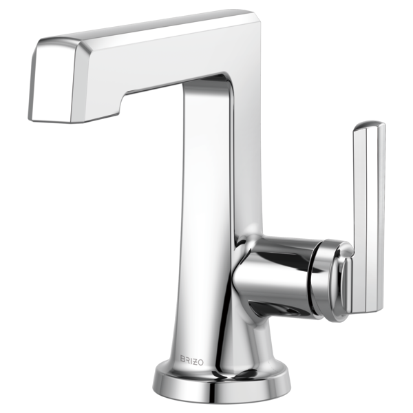 Chrome single-handle bathroom faucet with curved spout and tall rectangular lever handle on round base.