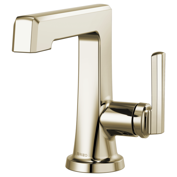 Polished nickel single-handle bathroom faucet with angled spout and rectangular lever handle on round base.