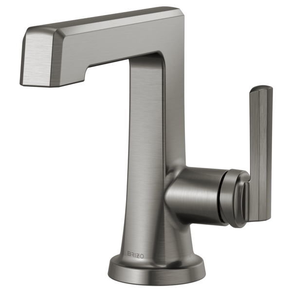 Brushed nickel single-handle bathroom faucet with angular spout and cylindrical lever handle on round base.