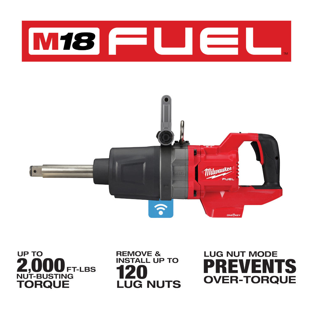 Milwaukee M18 FUEL 1 in. D-handle impact wrench with red body, black grip, and extended anvil attachment visible.