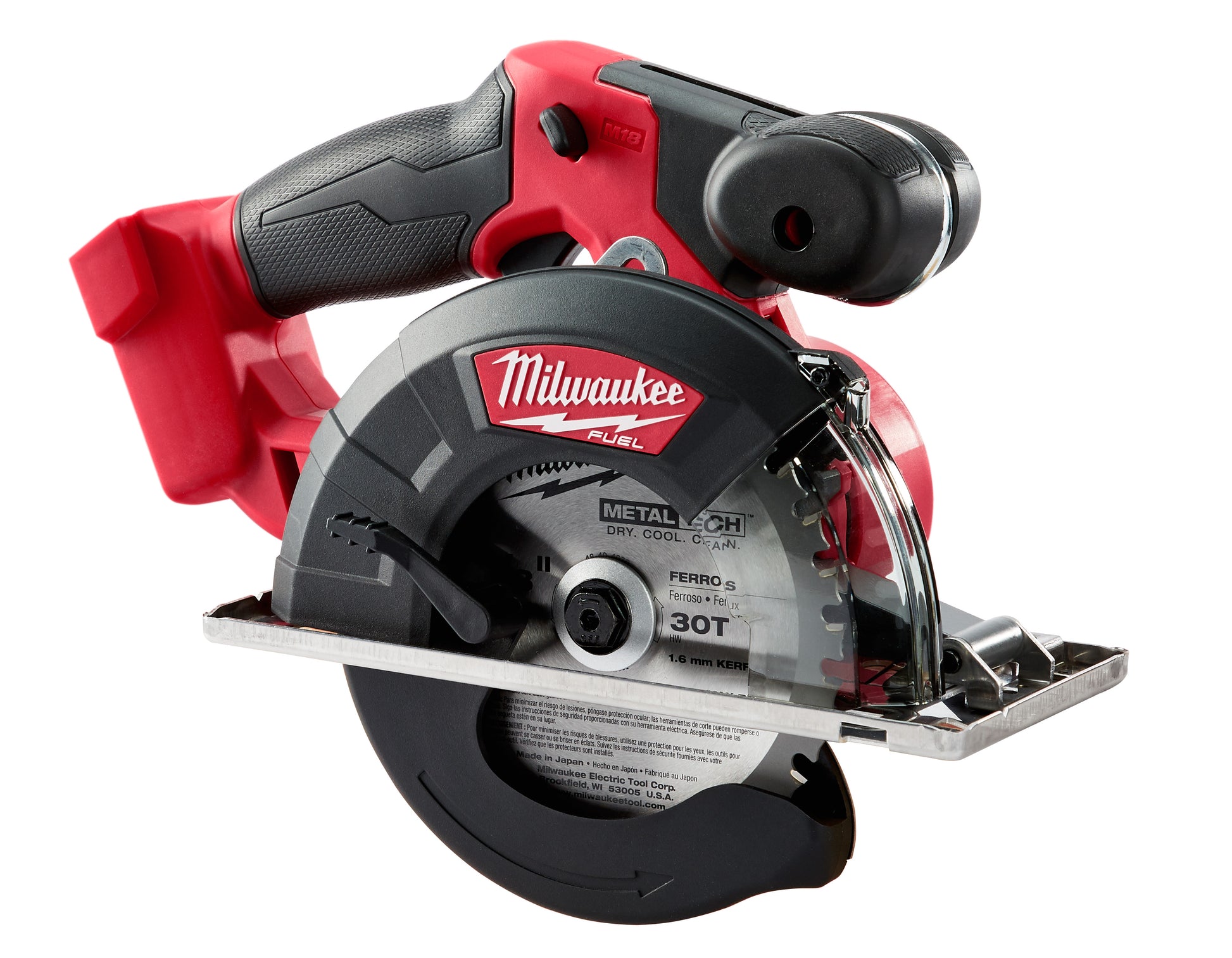 Milwaukee M18 FUEL metal circular saw with red and black housing, 30-tooth blade, and textured grip handle.