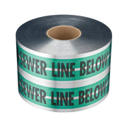 Roll of green and silver detectable tape with "SEWER LINE BELOW" text repeated on alternating bands.