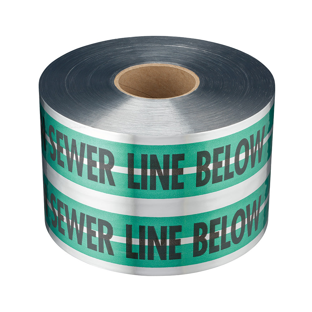 Roll of green and silver detectable tape with "SEWER LINE BELOW" text repeated on alternating bands.