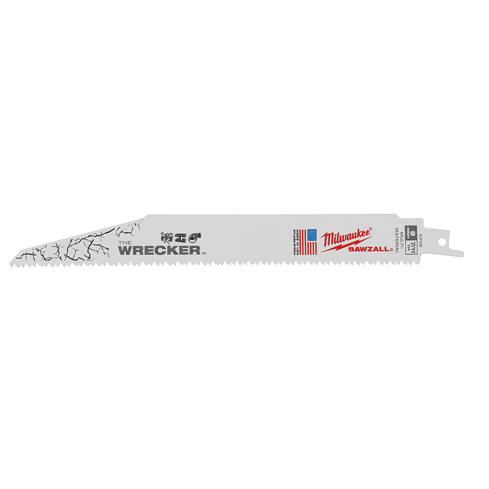 Milwaukee Wrecker 9-inch SAWZALL blade with serrated cutting edge and mounting tang.