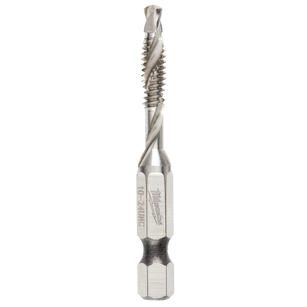 Milwaukee Shockwave impact drill tap with twisted flutes and hexagonal drive end, metallic gray finish.