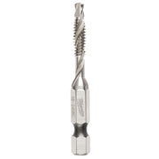 Milwaukee Shockwave impact drill tap with twisted flutes and hexagonal drive end, metallic gray finish.