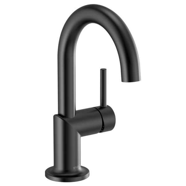 Black single-handle bathroom faucet with curved spout and cylindrical lever handle.