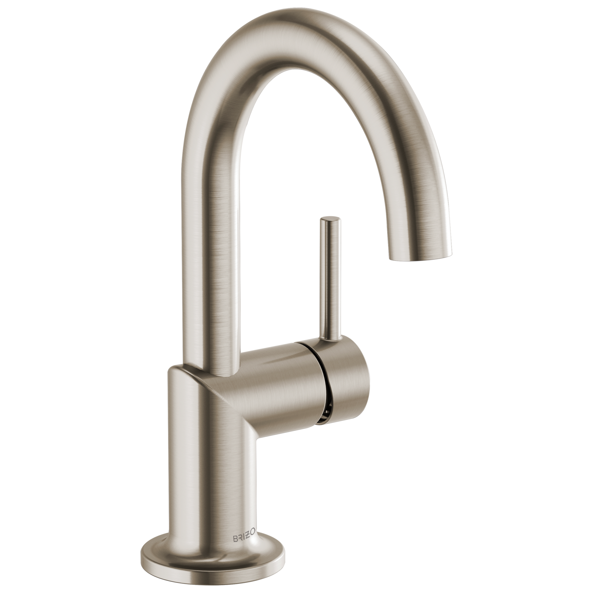 Brushed nickel single-handle lavatory faucet with arched spout and cylindrical handle on circular base.