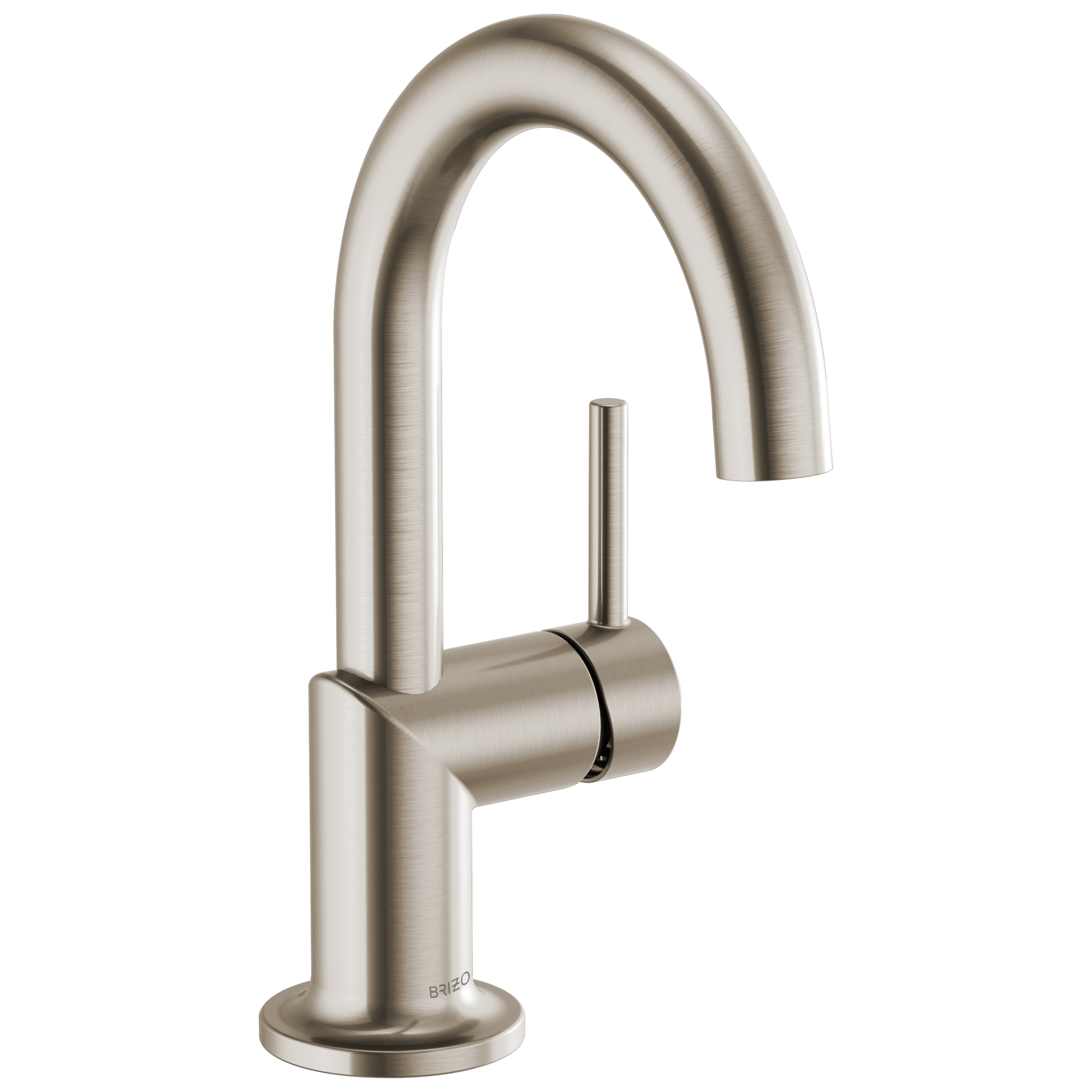 Brushed nickel single-handle lavatory faucet with arched spout and cylindrical handle on circular base.