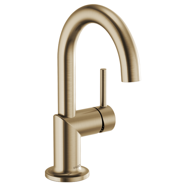 Brushed gold single-handle lavatory faucet with curved spout and cylindrical handle lever.