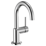 Chrome single-handle bathroom faucet with curved spout and cylindrical handle.