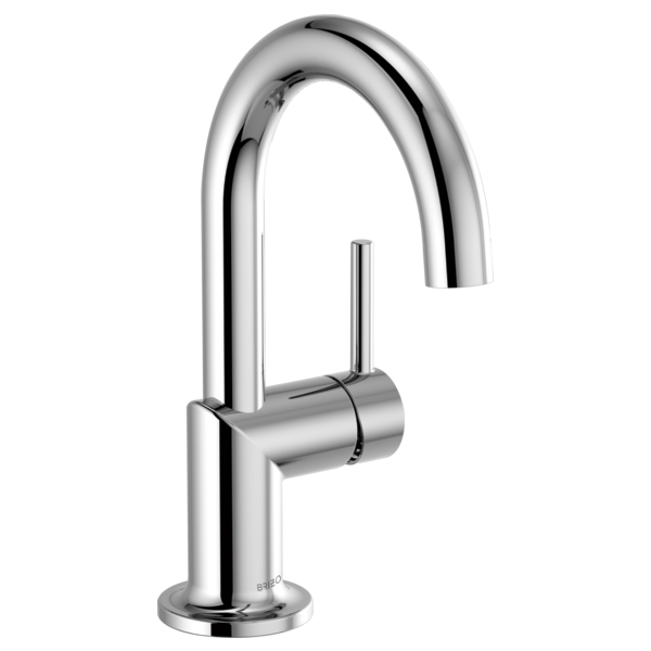 Chrome single-handle bathroom faucet with curved spout and cylindrical handle.