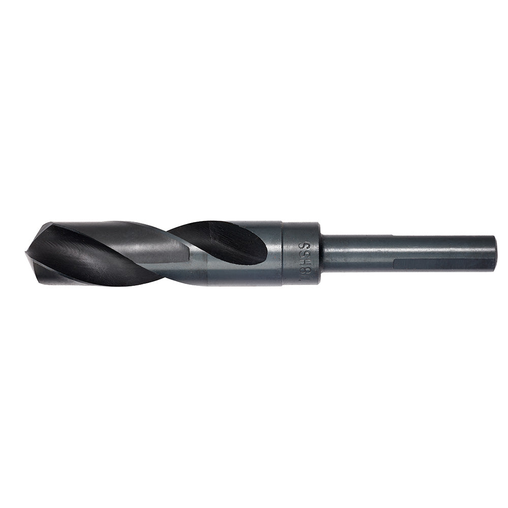 Black oxide twist drill bit with fluted cutting head and cylindrical shank on white background.