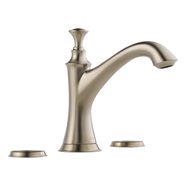 Brushed nickel widespread bathroom faucet with curved spout and two circular base plates on white background.