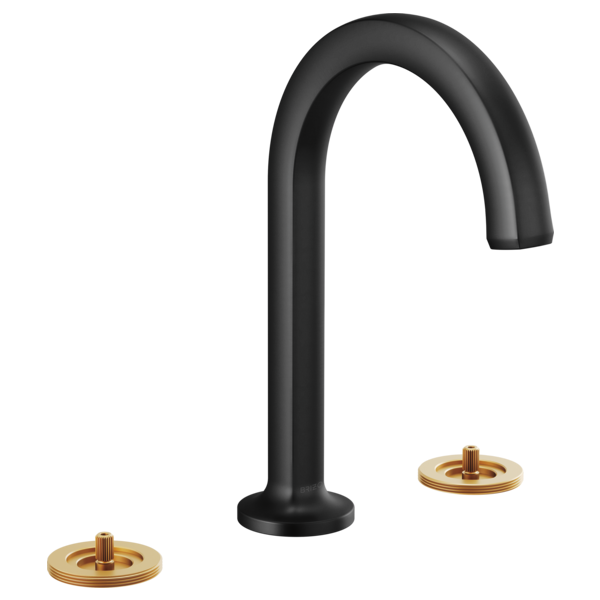 Matte black arc spout faucet with two brass circular base mounts for widespread lavatory installation.