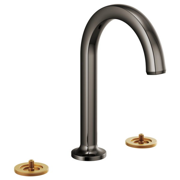 Chrome arc spout faucet with two brass handle mounts for widespread lavatory installation.