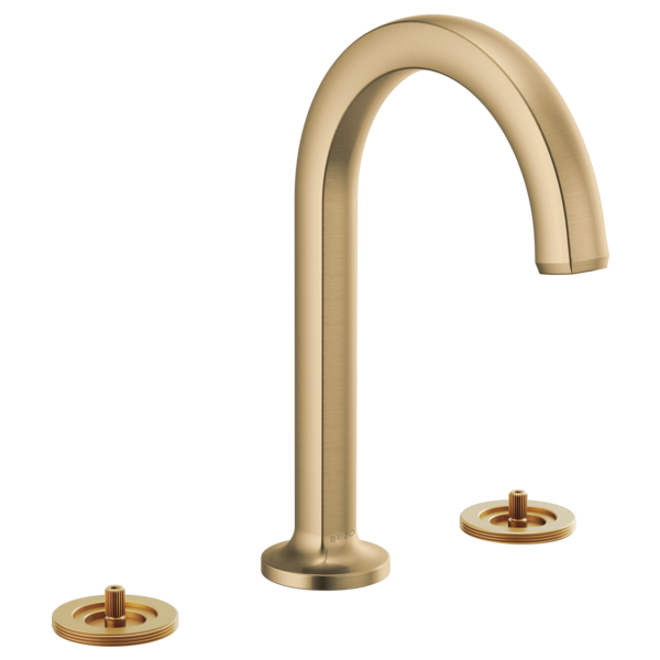 Champagne bronze widespread lavatory faucet with curved arc spout and two circular handle bases.
