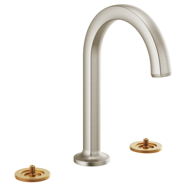 Brushed nickel widespread lavatory faucet with curved arc spout and two brass circular handles.