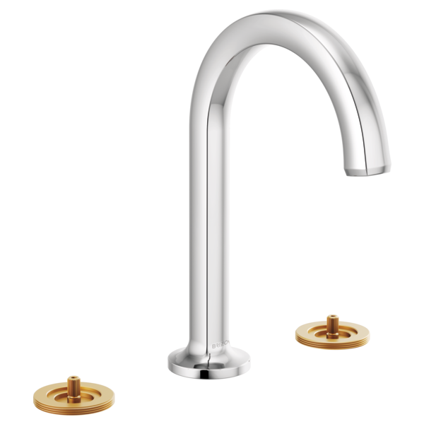 Chrome widespread bathroom faucet with curved arc spout and two brass-finished control bases.