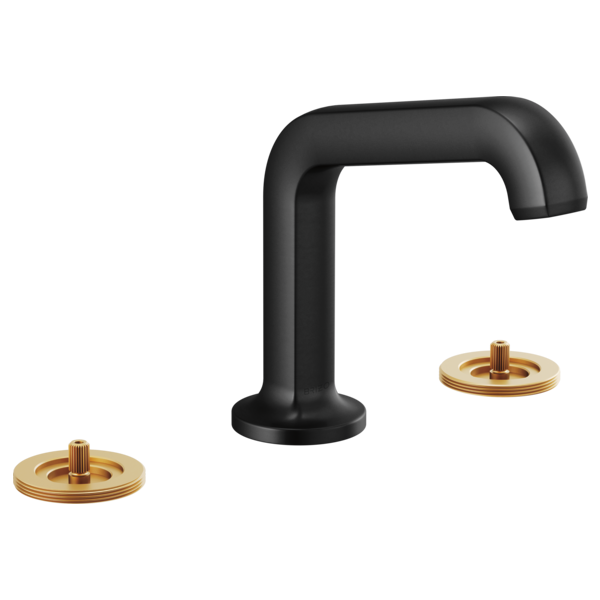 Matte black widespread lavatory faucet with angled spout and two brass-colored circular mounting plates.