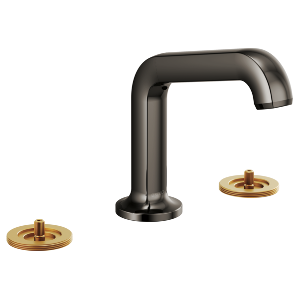 Chrome widespread lavatory faucet with angled spout and two brass valve trim rings, handles not included.