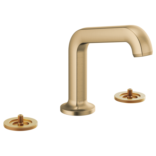 Brushed gold widespread lavatory faucet with angled spout and two circular valve handles.