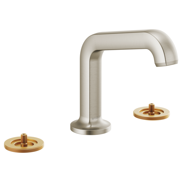 Brushed nickel widespread lavatory faucet with angled spout and two brass valve trim rings.