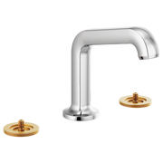 Chrome widespread lavatory faucet with angled spout and brass handle bases, handles not included.
