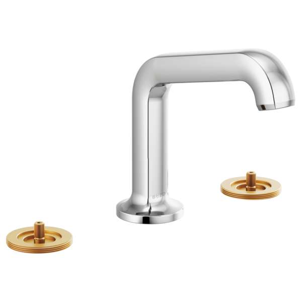 Chrome widespread lavatory faucet with angled spout and brass handle bases, handles not included.