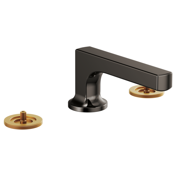 Black and brass three-piece widespread lavatory faucet with low spout and circular escutcheons.