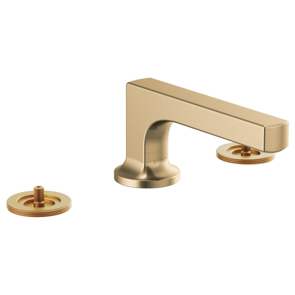 Brushed gold widespread lavatory faucet with low spout and two circular handle bases.