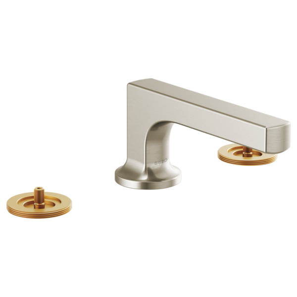 Brushed nickel and brass widespread lavatory faucet with low curved spout and two circular valve handles.