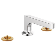 Brizo Kintsu widespread faucet with chrome spout, brass handles, and low arc spout for sink installation.