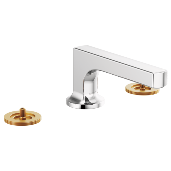 Brizo Kintsu widespread faucet with chrome spout, brass handles, and low arc spout for sink installation.