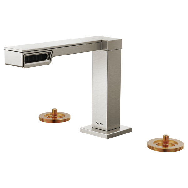 Brushed nickel widespread lavatory faucet with geometric design and copper-toned handle bases, shown without handles installe
