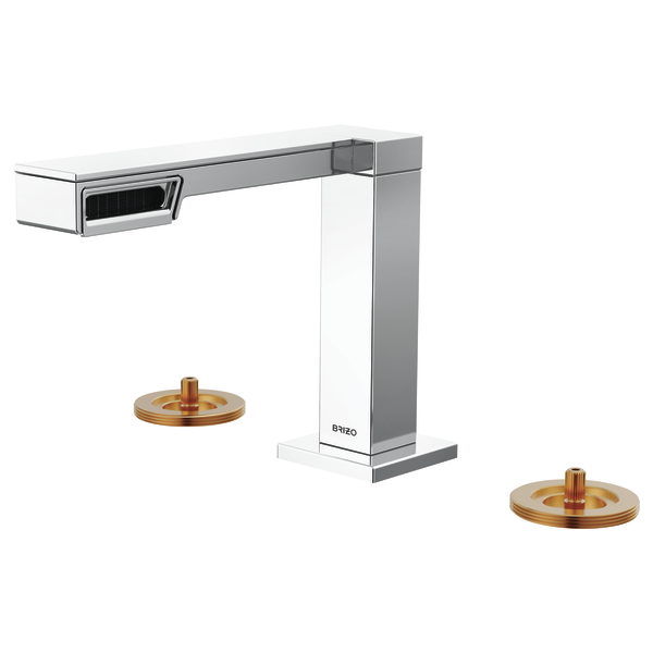 Chrome and white widespread lavatory faucet with brass accent handles and angular spout design.