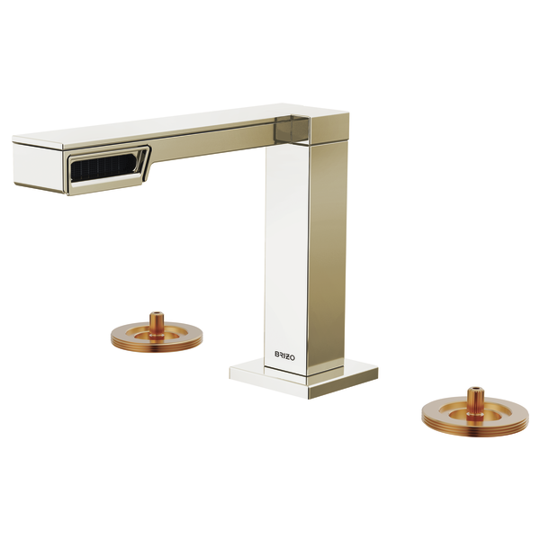 Brizo Frank Lloyd Wright widespread lavatory faucet with brass and white finish spout, central vertical body, and two copper 