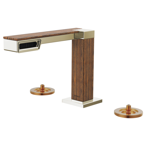 Widespread lavatory faucet with wood grain finish, brass accents, and two round copper-tone valve bases.