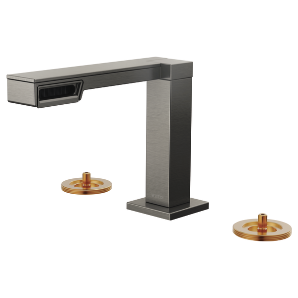 Modern stainless steel widespread lavatory faucet with rectangular spout, tall center post, and two brass handle bases.