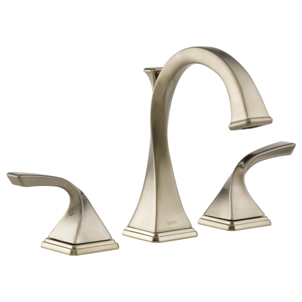 Brushed nickel widespread bathroom faucet with curved spout and two lever handles on square bases.