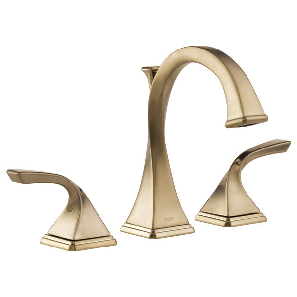 Champagne bronze widespread lavatory faucet with curved spout and two lever handles with squared bases.