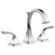 Chrome three-piece widespread bathroom faucet with curved spout and lever handles on square bases.