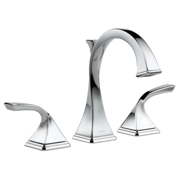 Chrome three-piece widespread bathroom faucet with curved spout and lever handles on square bases.