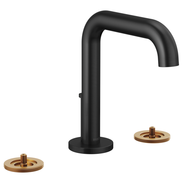 Matte black widespread lavatory faucet with high curved spout and two brass valve escutcheons.