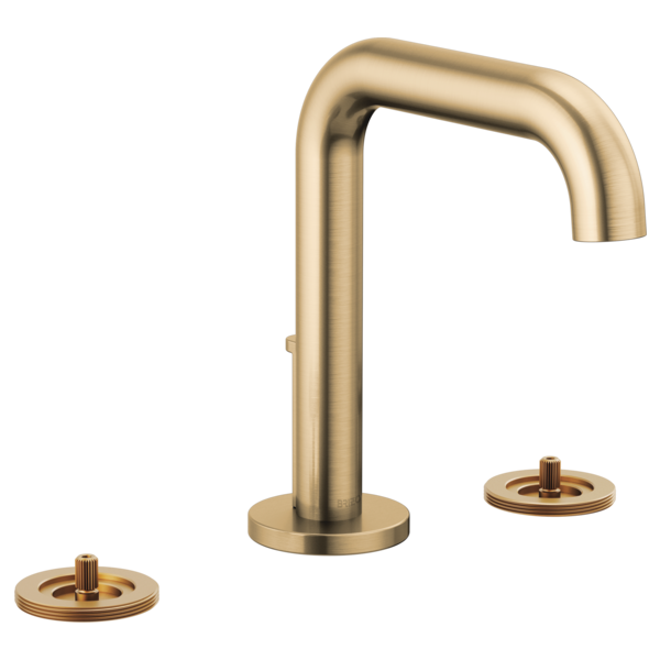 Champagne bronze widespread lavatory faucet with high curved spout and two round base handles.