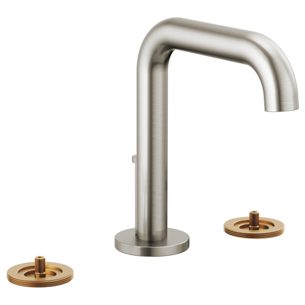 Brushed nickel widespread lavatory faucet with high curved spout and two brass handle bases.