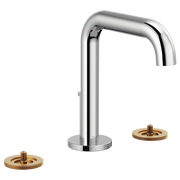 Chrome widespread lavatory faucet with high arched spout and two brass handle bases.